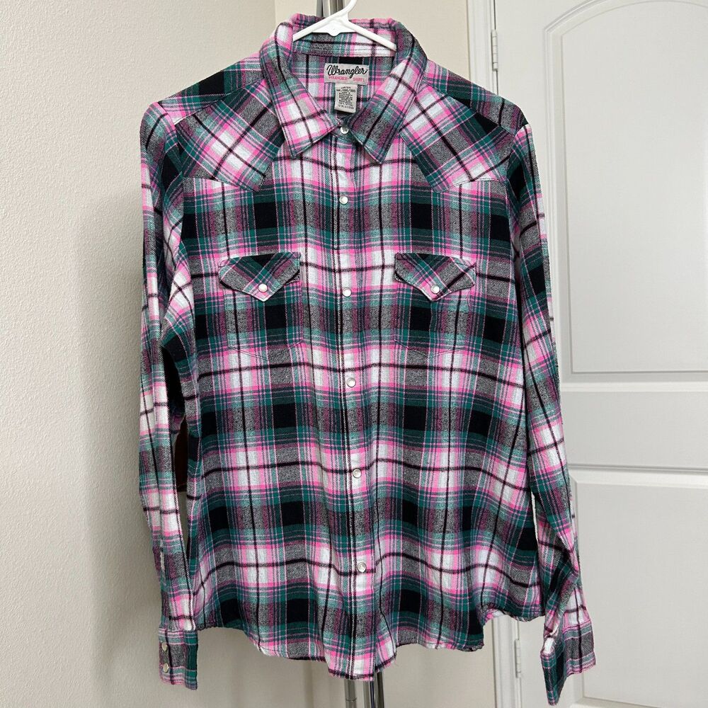 Wrangler Wrancher Western Pearl Snap Shirt Pink Green XXL Rodeo Retro Flannel